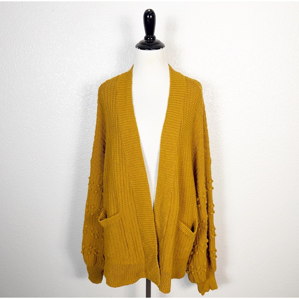 Madewell Bobble Cardigan Sweater Womens Size XL Mustard Pom Pom Balloon Sleeve